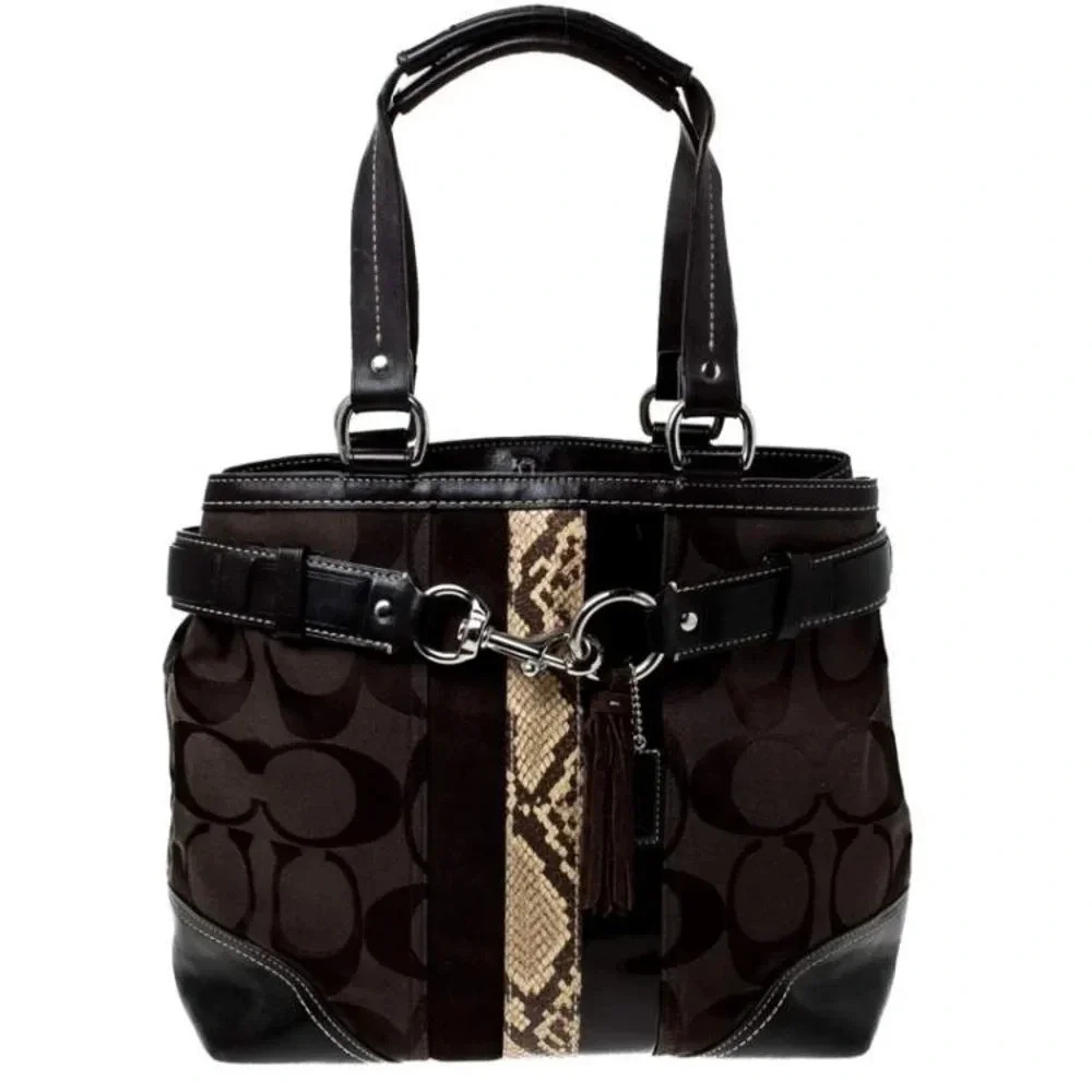 Coach Black/Brown Canvas and Leather Hampton Satchel Handbag